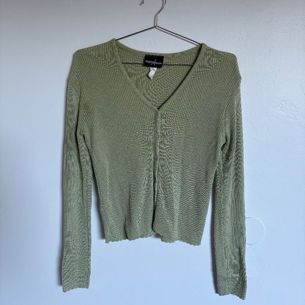 Green Ribbed Button Up Cardigan Vintage Lettuce Edge Soft Women's Sweater Olive